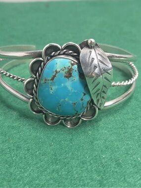 Sterling Silver Turquoise Leaf Cuff Bracelet - not marked- acid test